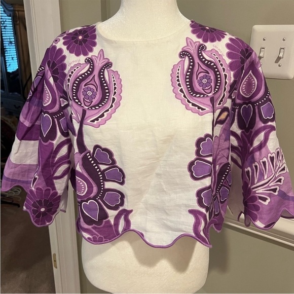 FARM Rio Purple Color Festival Euroflax Cream Cropped blouse, XL, NWOT - Picture 4 of 10